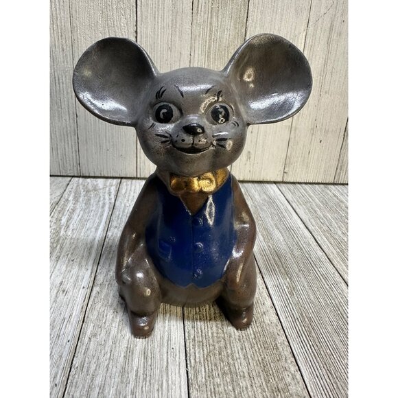Vintage Painted Castle Ceramic Gentleman Gray Mouse with Blue Vest and Bowtie - Picture 1 of 7